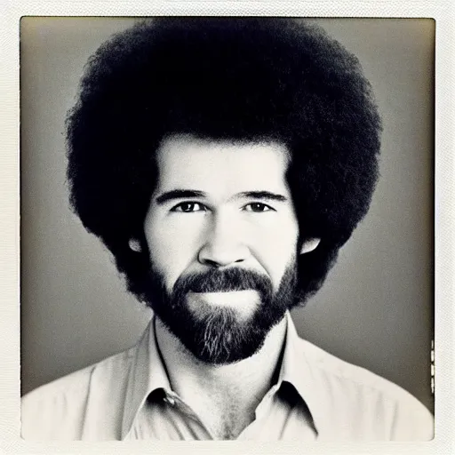 Image similar to Mugshot Portrait of Bob Ross, taken in the 1970s, photo taken on a 1970s polaroid camera, grainy, real life, hyperrealistic, ultra realistic, realistic, highly detailed, epic, HD quality, 8k resolution, body and headshot, film still, front facing, front view, headshot and bodyshot, detailed face, very detailed face
