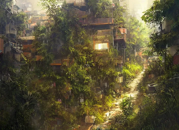 Image similar to overgrown foliage overtaking favela, biopunk, scenery, professional, award - winning, trending on artstation, detailed, realistic, beautiful, emotional, shiny, golden, picture