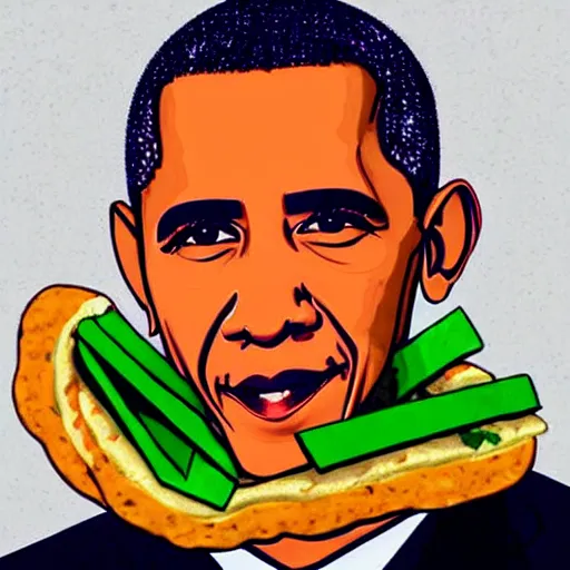 Image similar to Obama holding a noodle sandwich, realistic portrait