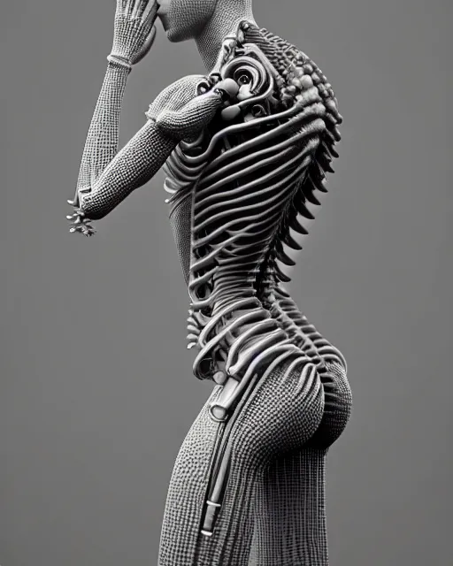 Prompt: raw bw 3 d redshift render biomechanical intricate spinal ribbed glass body detail of mechanical female vegetal - cyborg, beautiful insanely detailed, digital art, octane render, 8 k artistic photography, photo - realistic, unreal engine