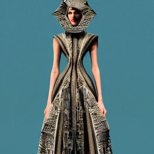 Image similar to a beautiful arabian woman wearing a futuristic dress by alexander mcqueen, thom browne, junya watanabe, dzhus, ara jo,, gareth pugh, julia krantz, andrej pejic, winde rienstra, hussein chalayan, artgerm, arabian beauty, blue eyes, smile, futuristic, organic dress, pattern, concept art, fantasy