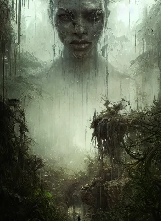 Prompt: portrait of Aruula in a post apocalyptic city overgrown with lush vegetation, by Luis Royo, by Greg Rutkowski, dark, gritty, intricate, highly detailed face, backlit, strong rimlight, cover illustration, concept art, volumetric lighting, volumetric atmosphere,sharp focus, octane render, trending on artstation, 8k