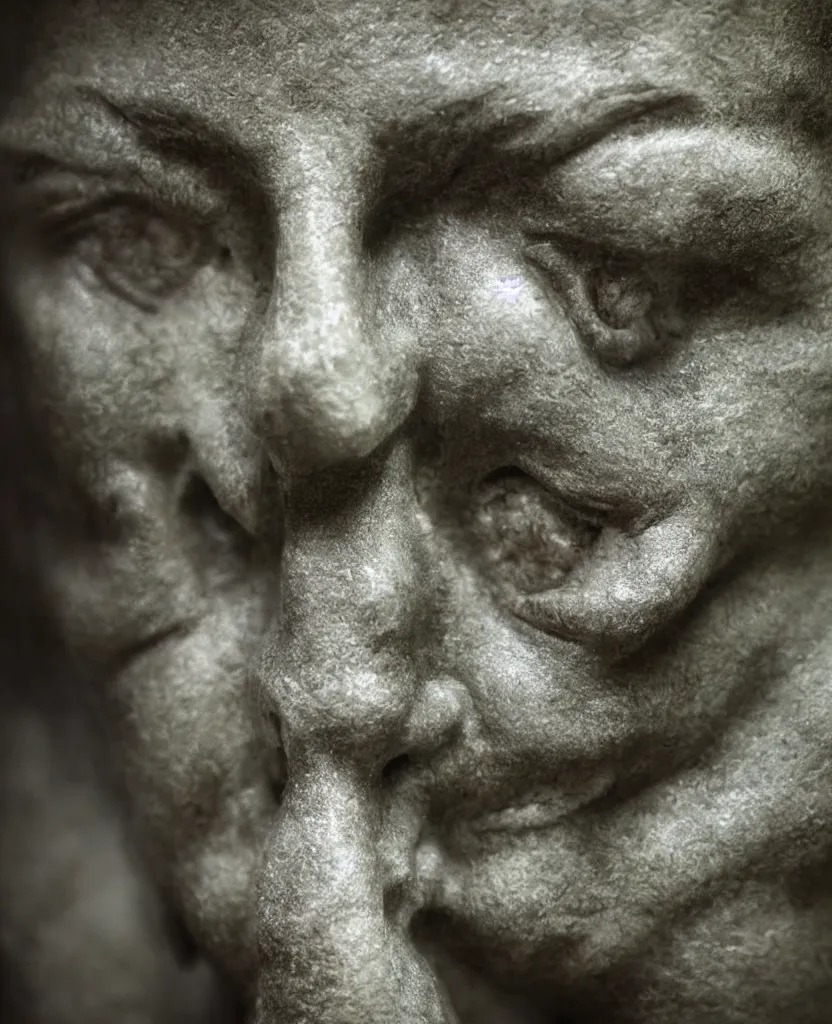 Prompt: weird statue close up in a dark room, creepy and eerie athmosphere, mist, photorealistic, hd,