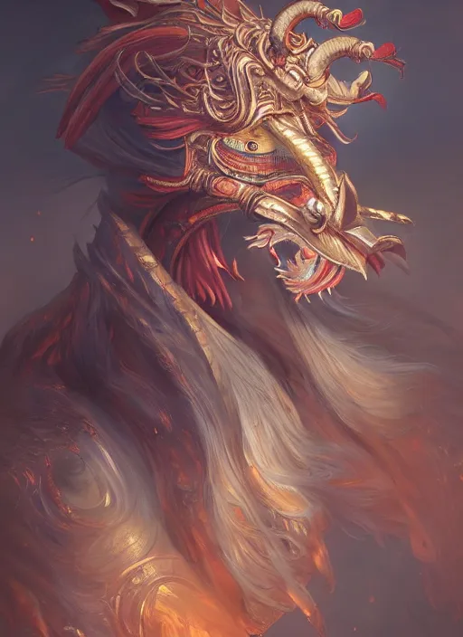 Image similar to a beautiful detailed oil on copper art illustration of a tengu mask shogun dragon woman, centered, by charlie bowater, zeng fanzh, trending on artstation, dim dusk lighting, cinematic lighting, detailed lighting, volumetric lighting, realistic, f 8, 4 k hd wallpaper