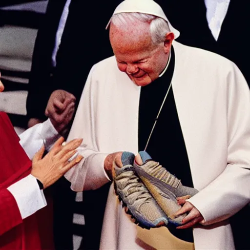 Prompt: john paul ii admiring a yeezy foam runner sneaker in his hands