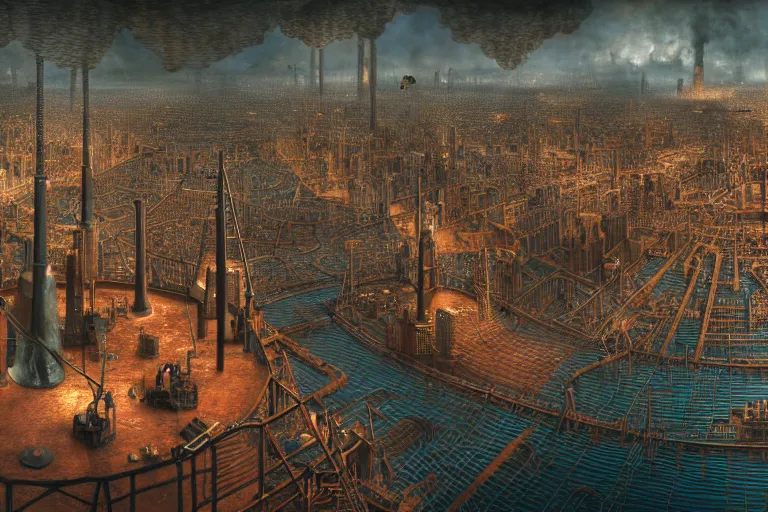 Image similar to an elaborate penned illustration of a apocalyptic intricate connected city of tubes and pipes, muted colors, copper pipers, by jan van haasteren and jheronimus bosch, unreal engine, physically based rendering, ariel view, tilt - shift, shiny, industrial, water, smoke, reflective, cinematic, isometric, beksinski