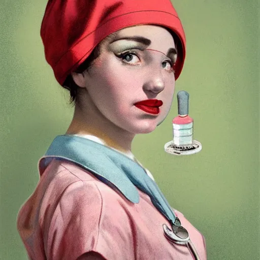 Image similar to retro 1 9 5 0 s clowncore pastel punk hospital nurse wearing stylish head - wear. detailed, portrait, 8 k, artwork by jean - baptiste monge