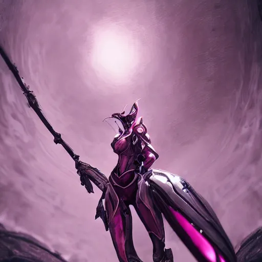 Image similar to shrunken pov from the floor, looking up, at a giant, highly detailed, exquisite and beautiful stunning female warframe, standing elegantly, unaware of your tiny existence, off-white plated armor, slick elegant design, bright Fuchsia skin, sharp claws, close full body shot, epic cinematic shot, realistic, professional digital art, high end digital art, DeviantArt, artstation, Furaffinity, 8k HD render, epic lighting, depth of field