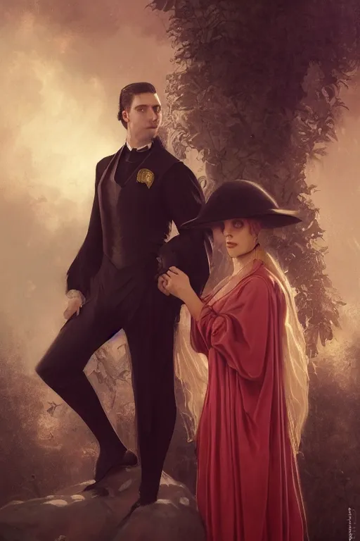 Image similar to a portrait of handsome young evil male Satan and his elegant beautiful wife, bored, illustration, dramatic lighting, soft details, painting oil on canvas, octane render, HDR, 4k, 8k, HD, by Edmund Blair Leighton, Brom, Charlie Bowater, trending on artstation,