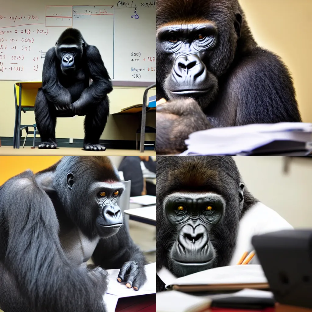 Prompt: A gorilla in math class, struggling to read