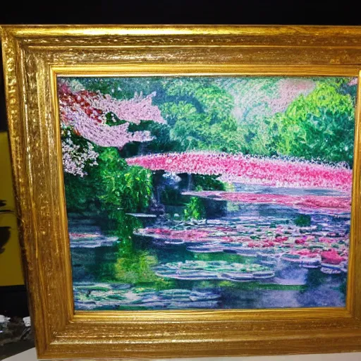 Image similar to landscape with cherry blossom trees and waterfalls, detailed luminescent high contrast watercolor painting in the style of monet, 4 k