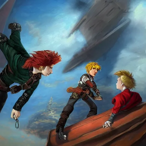 Image similar to A sky-pirate with long red hair meeting a young boy thief with blonde hair on an airship, epic fantasy art style