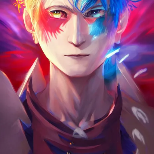 Prompt: anime portrait of a rainbow as a shaman yedi using dark force to eliminate trump as an anime antagonist by Stanley Artgerm Lau, WLOP, Rossdraws, James Jean, Andrei Riabovitchev, Marc Simonetti, and Sakimichan, trending on artstation