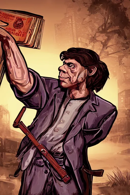 Image similar to saint homo neanderthalis, with book of science, on his right hand, and riffle, on his left hand, without duplicate content, violet polsangi pop art, gta chinatown wars art style, bioshock infinite art style, incrinate, realistic anatomy, hyperrealistic, two colors, white frame, balance content position