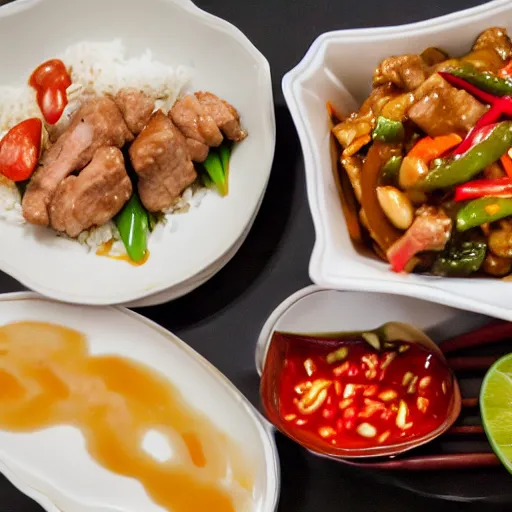 Image similar to anonymous man eats meal at home of thai sweet and sour pork stirfry