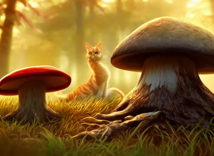 Image similar to a cute creature sitting next to a mushroom, golden hour, fantasy, sharp focus, digital art, hyper realistic, 4 k, unreal engine, highly detailed, hd, dramatic lighting by brom, trending on artstation, new cats movie