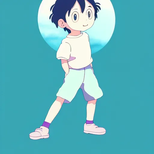 Prompt: a young boy with ball with a pastel aesthetic, studio ghibli, character design, fantasy, 8 k resolution