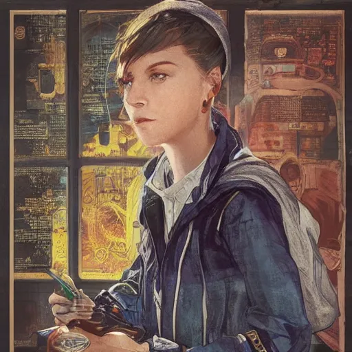 Image similar to character portrait of a 1950s girl in a hoodie, pixie cut, dystopian cyberpunk steampunk soviet mood, intricate, wild, highly detailed, digital painting, artstation, upper body, concept art, smooth, sharp focus, illustration, art by artgerm and greg rutkowski and alphonse mucha