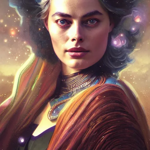 Prompt: Magic portrait painting of Margot Robbie, fantasy city background, dramatic sky, light particles, drawn by Donato Giancola and Tom Bagshaw, Edmund Leighton, Alphonse Mucha, 4k, volumetric lighting, komorebi, award winning, octane render, hyperrealistic