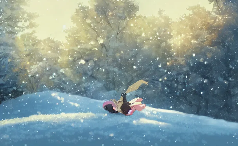 Prompt: An anime girl tobogganing down a hill, the snow flying around her, anime scene by Makoto Shinkai, digital art