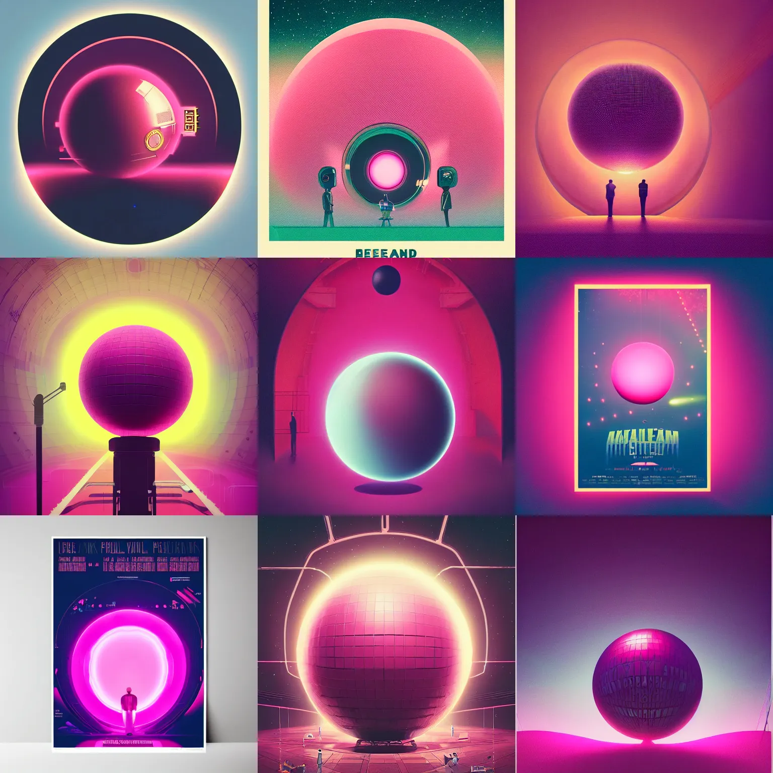 Prompt: a large pink ball with a spotlight in it, an album cover by Mike Beeple Winkelmann, pexels, retrofuturism, concert poster, poster art, greeble