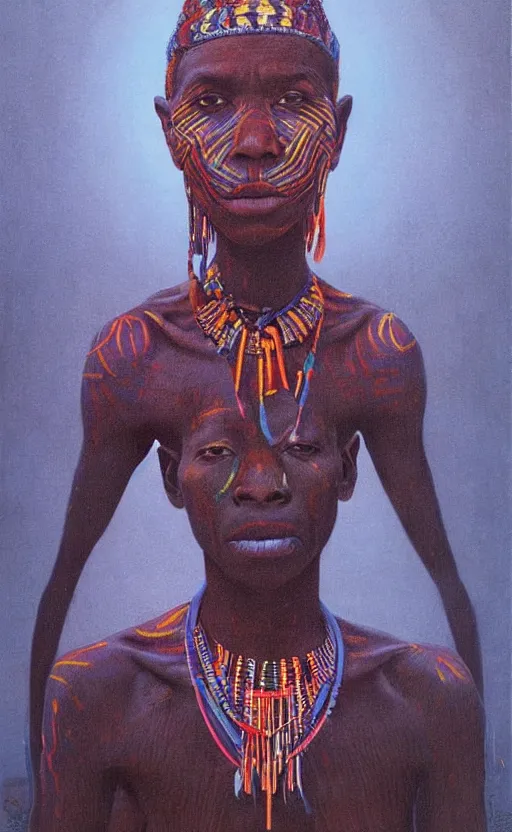 Prompt: portrait of african tribal chief, symmetrical, dramatic lighting, colourful, art by zdzislaw beksinski,