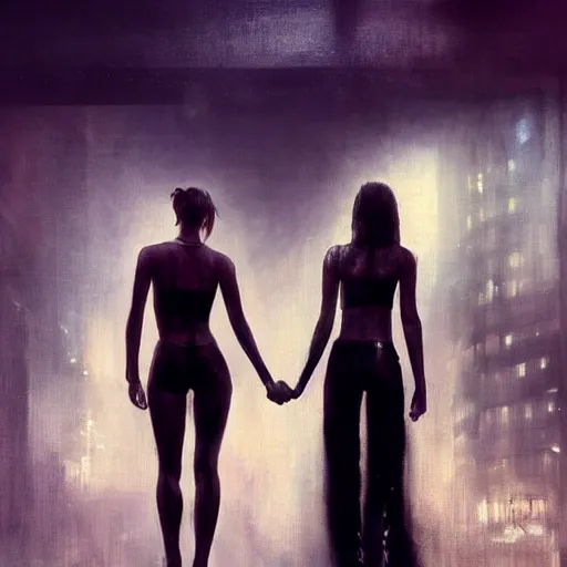 Image similar to bella thorne and megan fox holding hands, hyperrealistic full figure, bladerunner street, art of elysium by jeremy mann and frank frazetta, fantasy art, photo realistic, dynamic lighting, artstation, full figure poster, volumetric lighting, very detailed face, 4 k, award winning