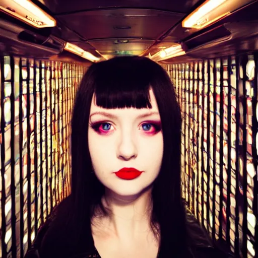 Prompt: Android girl, very pale skin, red lipstick, green eyes, jet black hair, cherry-red jacket, black leather pants, boots, hair over one eye, futuristic capsule hotel