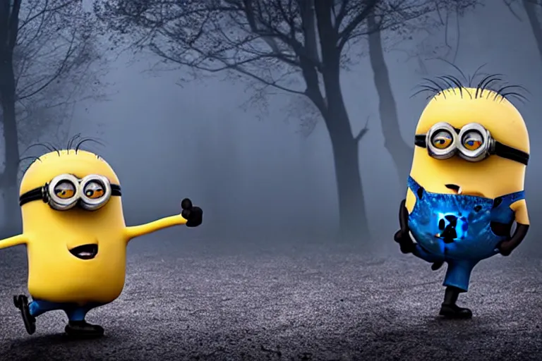 Image similar to a guy grabbing a dead body of a minion, fog, mid night, scary, horror, real life