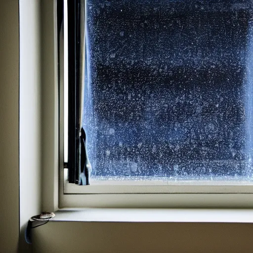 Image similar to photo of dark blue rainy bedroom window at night