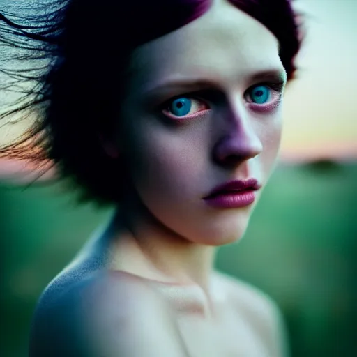 Image similar to photographic portrait of a stunningly beautiful english emo female in soft dreamy light at sunset, soft focus, contemporary fashion shoot, in a tim burton movie, by edward robert hughes, annie leibovitz and steve mccurry, david lazar, jimmy nelsson, extremely detailed, breathtaking, hyperrealistic, perfect face, octane render