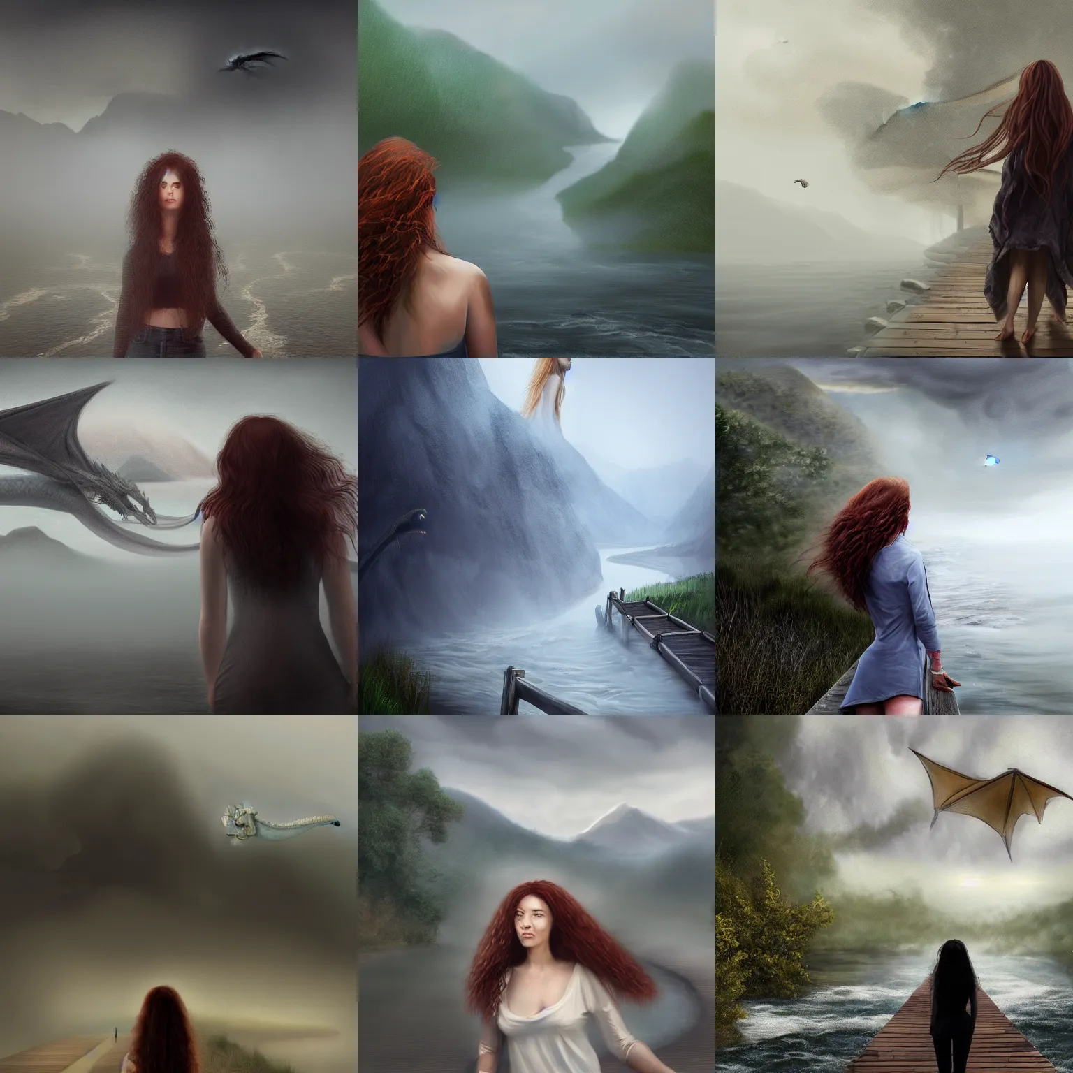 Prompt: a realistic digital painting of a woman with curly long redhair standing in a boardwalk on top of a river looking at a dragon flying out of the mountains in a fog during a thunderous weather. Trending on ArtStation. Epic Art. Emotional