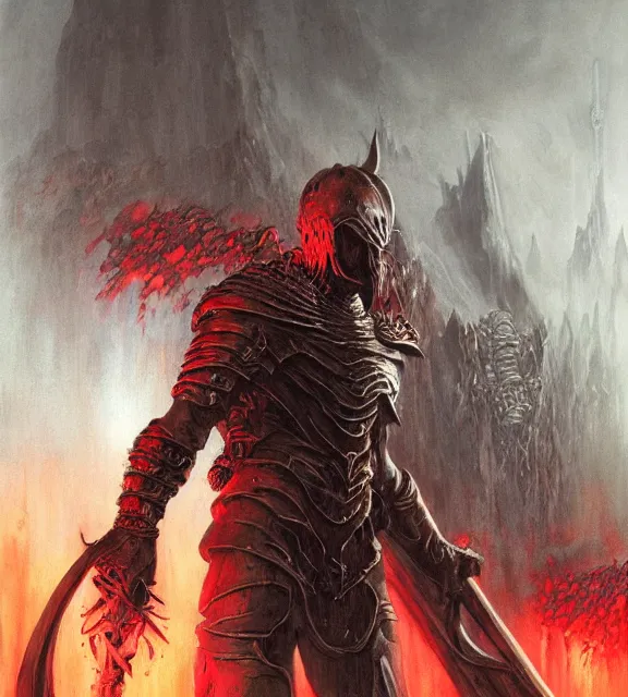 Prompt: fire swordman in hellish armor concept, beksinski, age of sigma art, frank franzetta, ruan jia, dark soul armor concept, trending on artstation, wayne barlowe, adrian smith fantasy art, elden ring art, the hobbit art, lord of the ring art, infinity blade armor