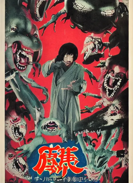 Image similar to vintage japanese movie poster with mutated nightmarish creatures, from a 1 9 8 0 s japanese horror movie