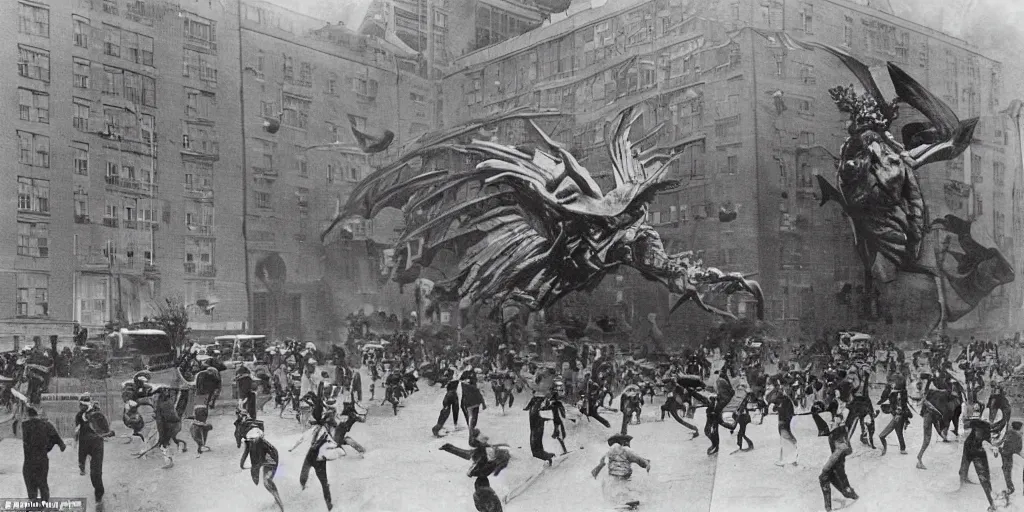 Image similar to a few people run from a luxury building as cameraman points at large flying monster, 1 9 0 0 s photograph