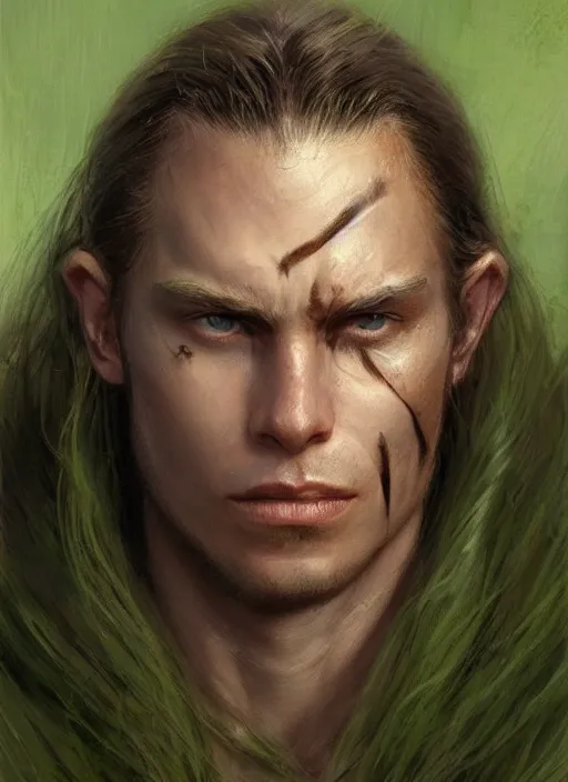 Image similar to a warrior in his twenties smirking deceitfully with long light brown hair tied back, light green eyes, a large forehead, a widows peak and a round face with high cheekbones and full lips as a realistic d & d fantasy character, portrait art by donato giancola and greg rutkowski, vintage retro, realistic face, digital art, trending on artstation