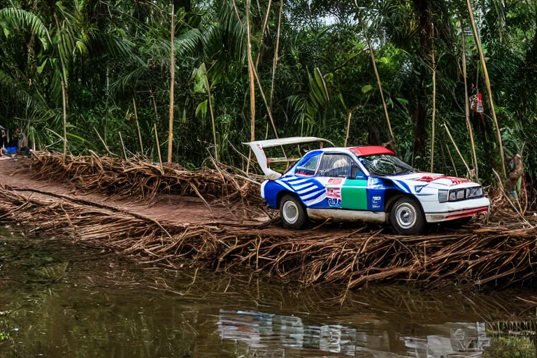 Image similar to a group B rally car driving around over a wooden bridge in the Cambodian swamps, high-speed sports photography