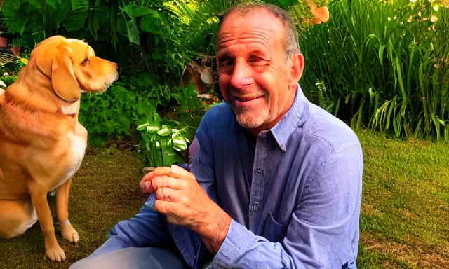 Image similar to My dad Steven just took a hit from the bongo and have good time being gracefully relaxed in the garden, sunset lighting. My second name is Carell. My dad second name is Carell. Im the dog