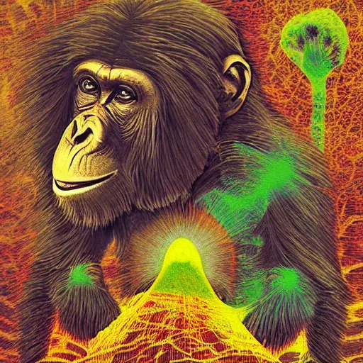 Image similar to stoned ape theory, psilocybin mushrooms, abstract, evolution