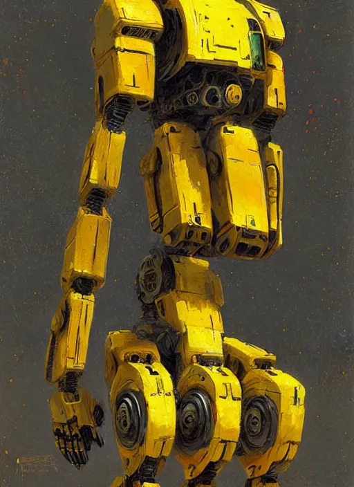 Prompt: tall strong intricate yellow pit droid, painterly mecha, by Greg Rutkowski