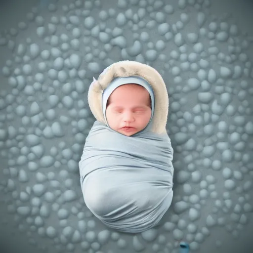 Prompt: cute cuddly baby sharks in baby's clothing swaddled in clouds, photorealistic