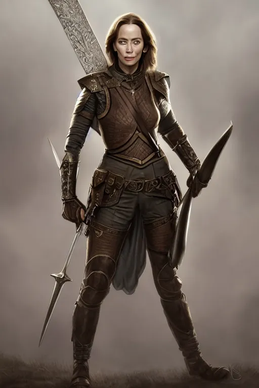 Image similar to full - body portrait of emily blunt as a ranger, metal breastplate, magical, high fantasy, d & d, by john collier, face details, extremely detailed, digital illustration
