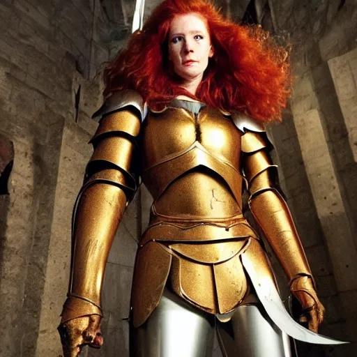 Prompt: a tall, red - haired female knight wearing golden armor and left arm golden prothesis, longer than her right arm. she wields a long golden blade