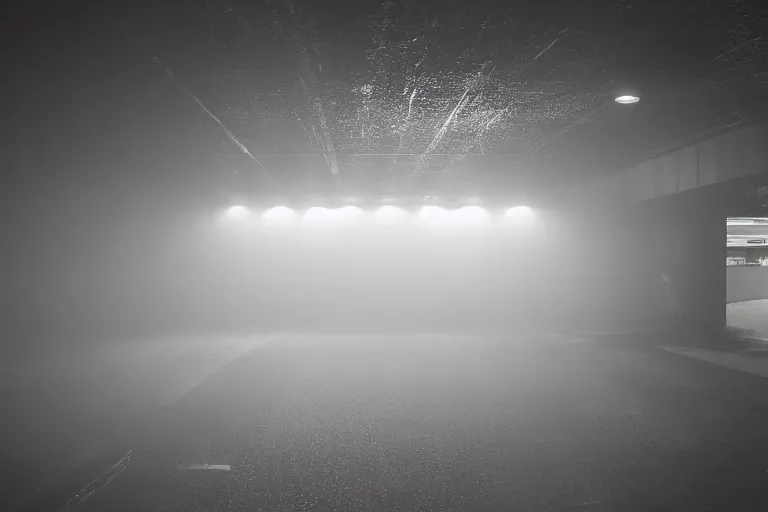 Image similar to a liminal parking tower seen from inside. Low camera angle. Nighttime. Diffused light, misty atmosphere. Long shadows gives an eerie feeling of doom. Wide angle lens.