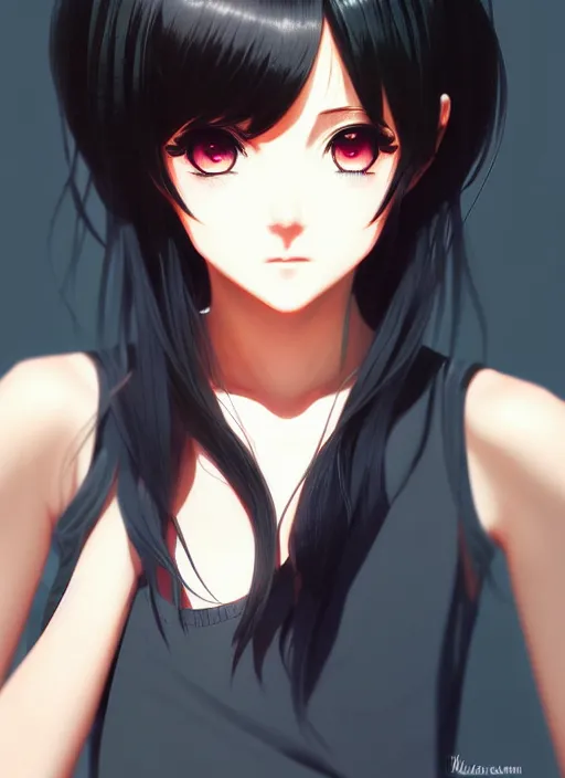 Image similar to portrait of beautiful young anime girl, cute-fine-face, pretty face, realistic shaded Perfect face, black hair, fine details. Anime, final fantasy, highly detailed, artstation, illustration, art by Ilya Kuvshinov