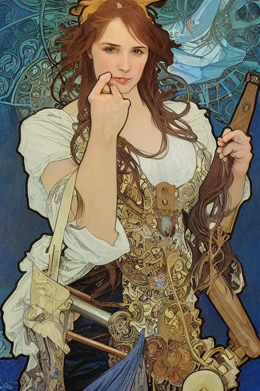 Prompt: realistic detailed face portrait of bob the builder holding a hammer by Alphonse Mucha, Ayami Kojima, Amano, Charlie Bowater, Karol Bak, Greg Hildebrandt, Jean Delville, and Mark Brooks, Art Nouveau, Neo-Gothic, gothic, Tarot, Tarot card, hammers, air, whirling clouds, tarot hammer, rich deep moody colors, pale blue grey sky,