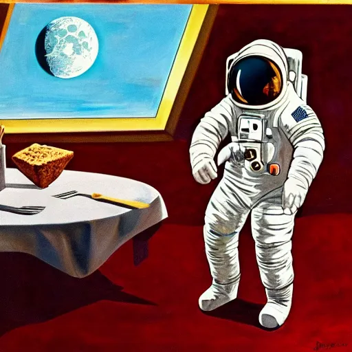 Prompt: An astronaut on the moon without his helmet eating garlic bread with knife and fork on top of a red table and earth in the background,oil painting