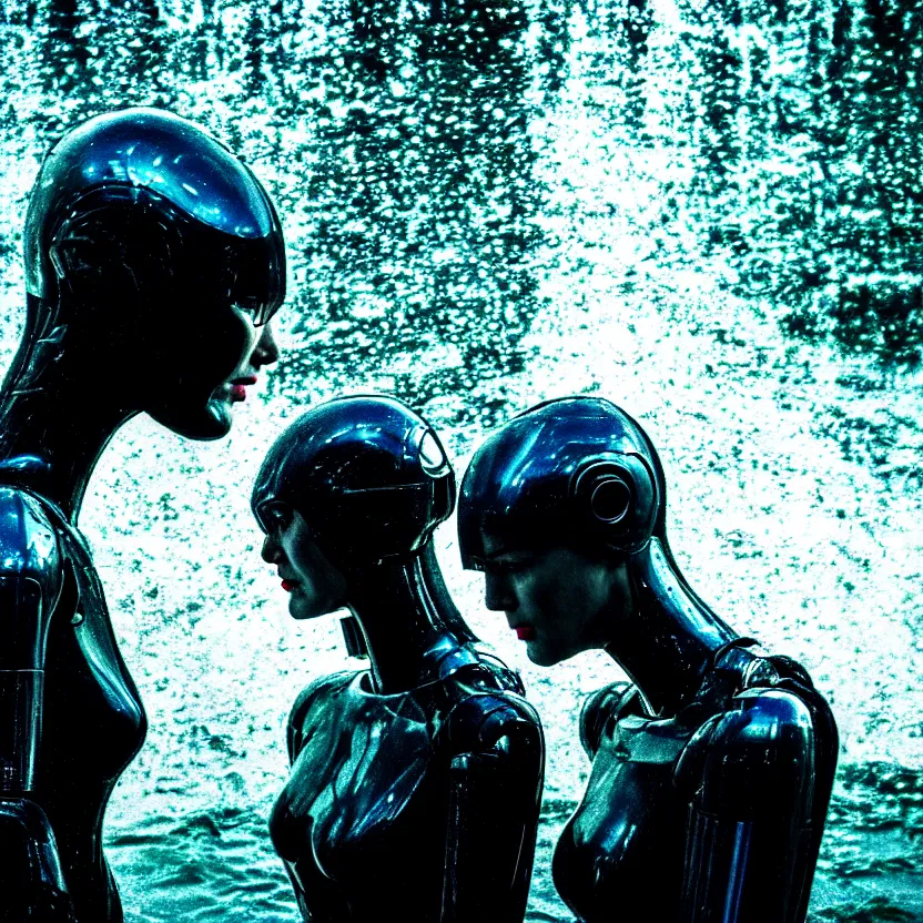 Image similar to cinestill 5 0 d candid photographic portrait by christopher nolan of two loving female androids sobbing wearing rugged black mesh techwear in treacherous waters, flooded city, helicopter, medium closeup, modern cyberpunk moody emotional cinematic, pouring iridescent rain bright spotlight, 8 k, hd, high resolution, 3 5 mm, f / 3 2, ultra realistic faces, ex machina