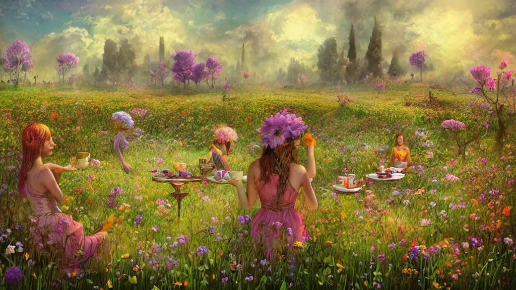 Image similar to a tea party in a field of flowers that ravages the landscape of an ancient civilization. by Ciryl Rolando, hyperrealistic illustration, digital art, studio lightning, art station