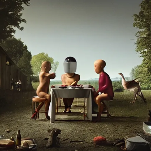 Image similar to a family of cyclops having dinner, by Gregory Crewdson